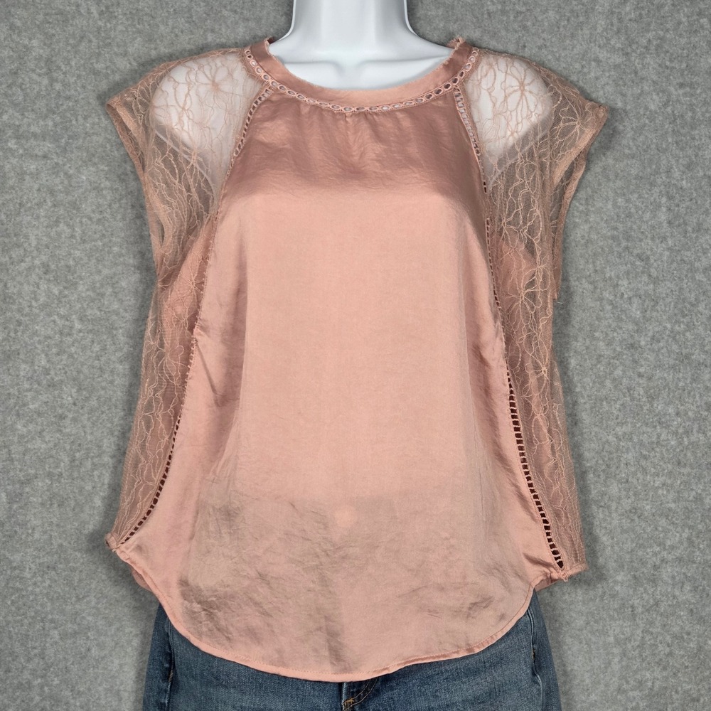 Feather Bone Anthropologie Women XS Satin Lace‎ Trim Cap Sleeve Blouse Pink